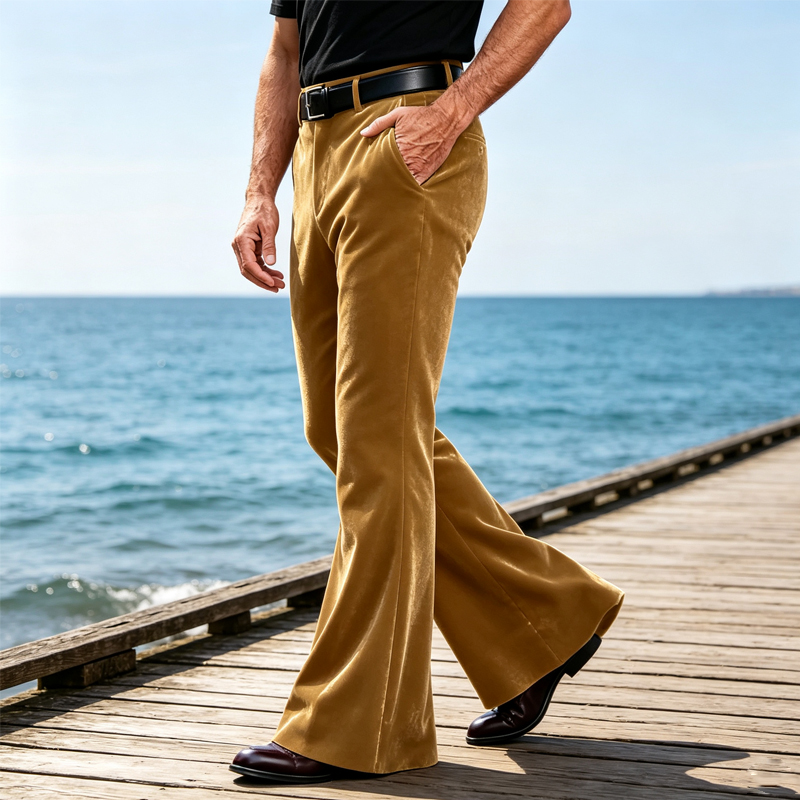 Wide Leg Trouser 70S - กางเกงขายาวผู้ชายผ้ากำมะหยี่ทรงขาบาน สไตล์ดิสโก้ยุค 70s เอวสูง ขากว้าง ระบายอากาศได้ดี