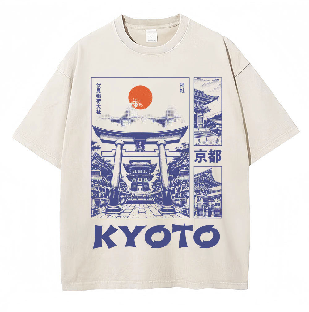 Vintage Fashion Kyoto - เสื้อยืดลายกราฟิกสไตล์ญี่ปุ่นเกียวโต ซักแล้ว ใส่ได้ทั้งชายหญิง แฟชั่นวินเทจ เสื้อยืดฤดูร้อน ทรงโอเวอร์ไซส์