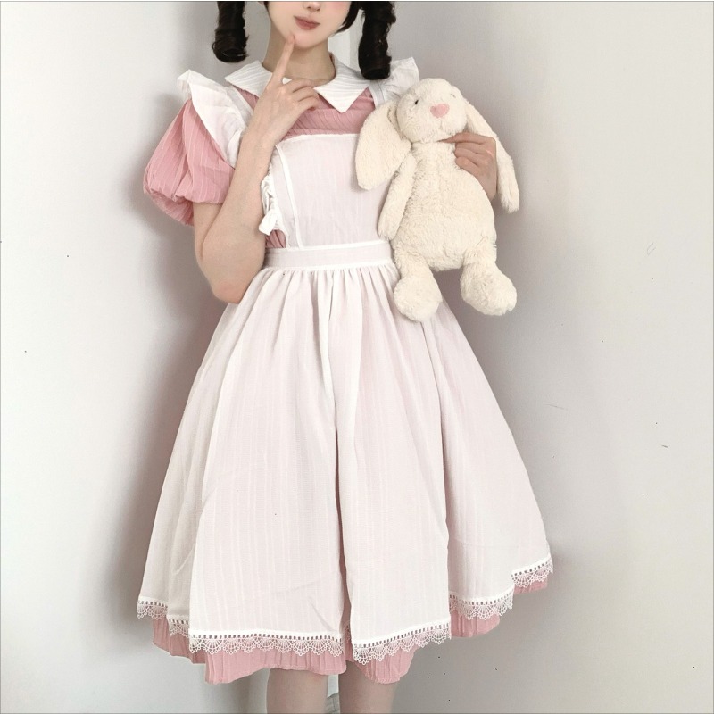 Vintage Slip Dress - ชุดแม่บ้านสีชมพูขาวยาวพร้อมปกคอปีเตอร์แพน ผ้ากันเปื้อนระบาย กระโปรงยาวสไตล์วินเทจโลลิต้า สำหรับงานปาร์ตี้และคอสเพลย์