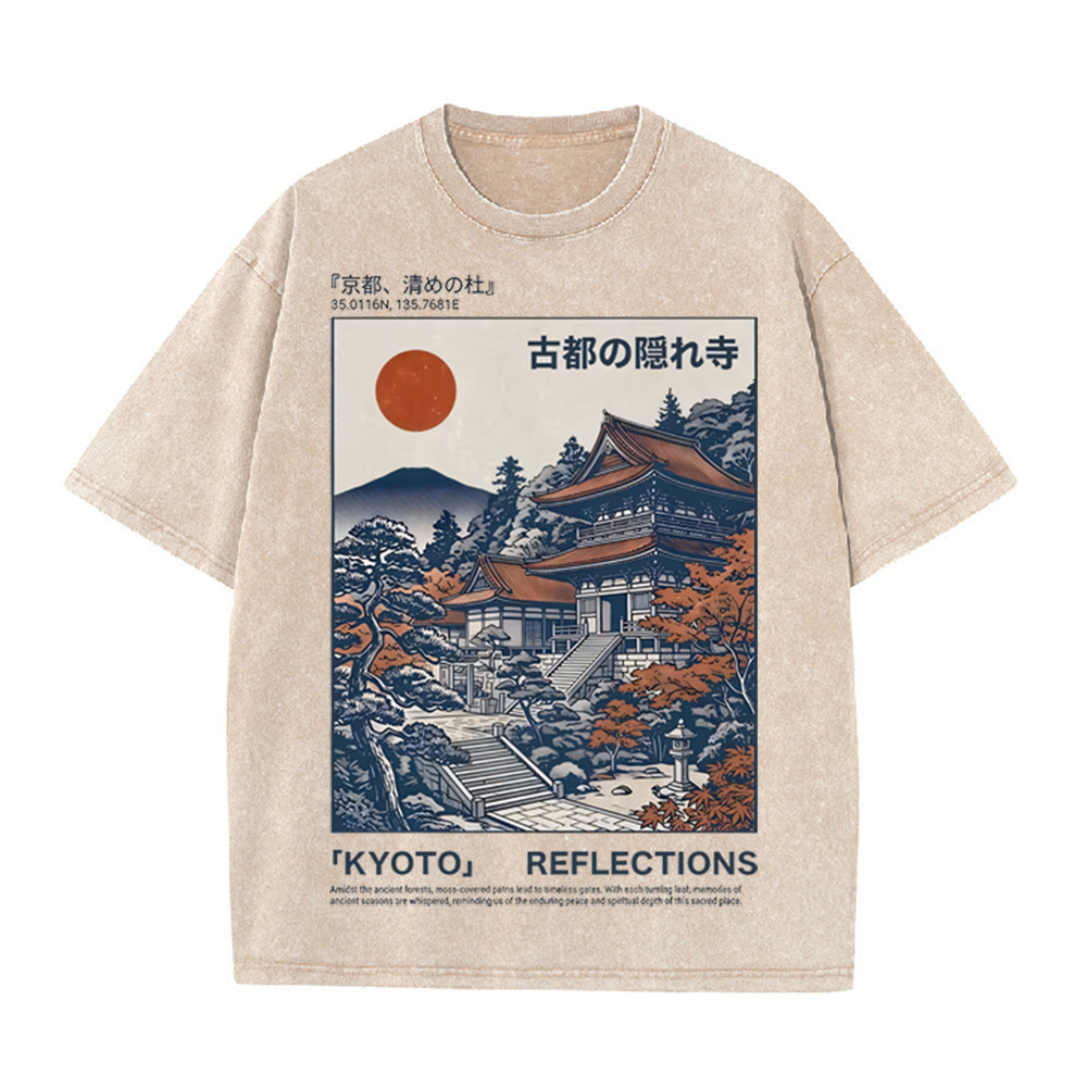 Vintage Fashion Kyoto - เสื้อยืดลายกราฟิกวิววัดเก่าเมืองเกียวโต ปี 2026 สีเบจวินเทจ สไตล์ญี่ปุ่น ลายภาพวาดอุคิโยะเอะ