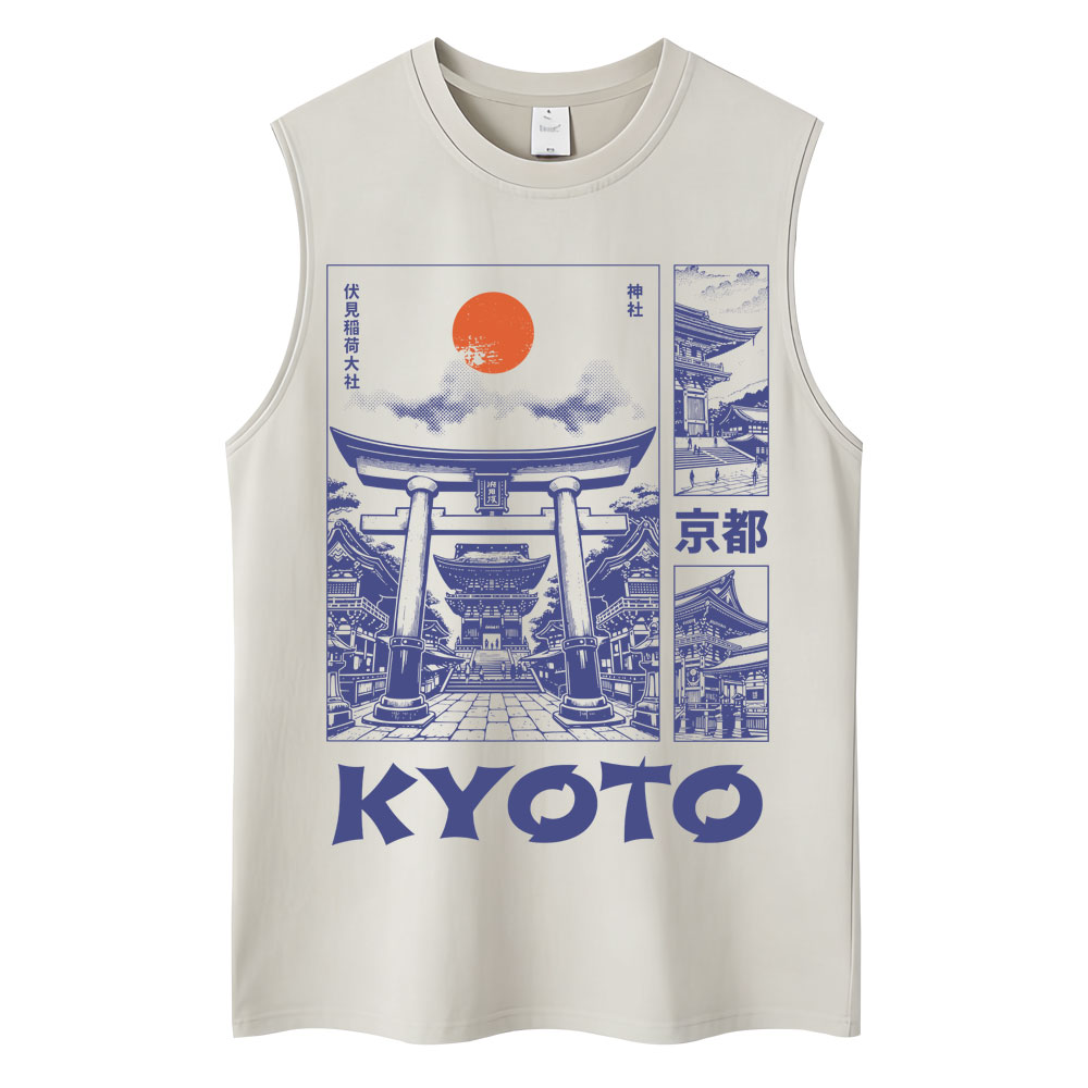 Vintage Fashion Kyoto - สไตล์ญี่ปุ่นเกียวโตกราฟิกเสื้อกล้ามผู้ชายผู้หญิงแฟชั่นวินเทจเสื้อยืดแขนกุดหลวมผ้าฝ้ายเสื้อกั๊กลำลองสตรีทแวร์ของขวัญ
