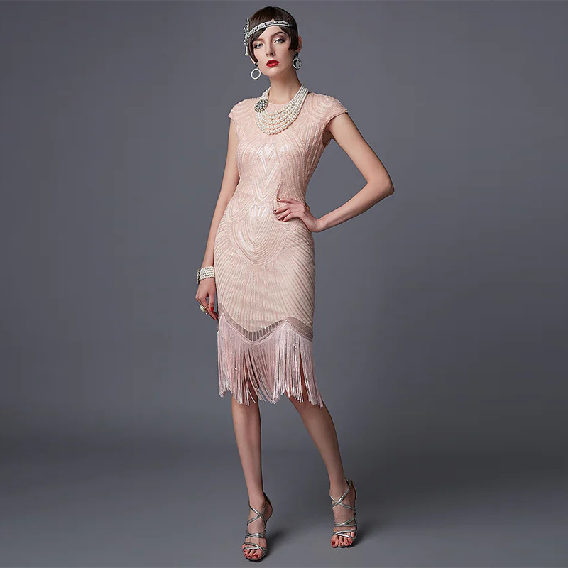 Vintage Slip Dress - ชุดเดรสสไตล์แฟลปเปอร์ยุค 1920 ประดับเลื่อมวินเทจ พร้อมพู่ห้อย เหมาะสำหรับงานเลี้ยงค็อกเทล งานเต้นรำสไตล์เกรทแกตสบี้