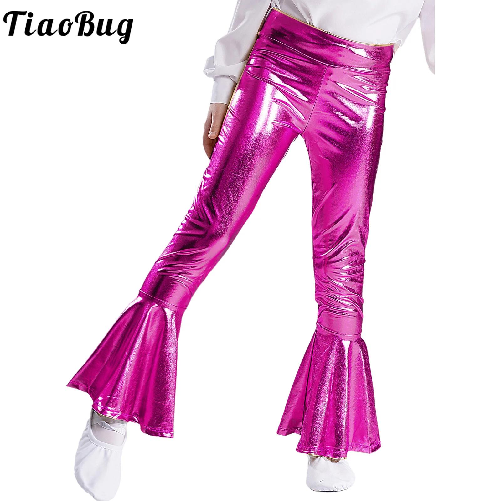 Wide Leg Trouser 70S - เด็กผู้หญิง SHINY METALLIC Flared กางเกงกางเกงเอวสูง Ruffle