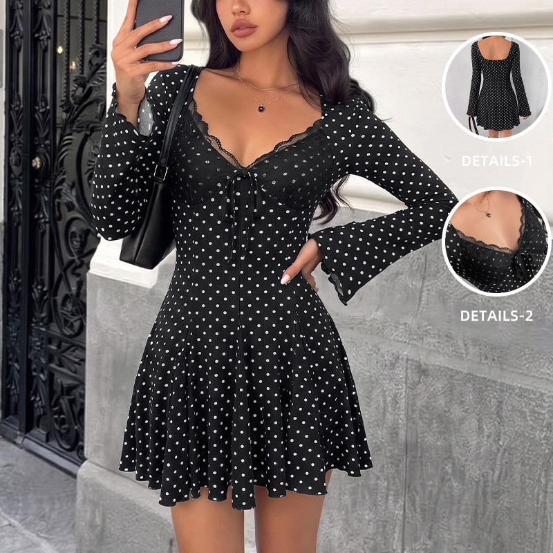 Vintage Fashion Retro Outfit - เดรสสั้นผู้หญิงสไตล์วินเทจ ลายจุด แต่งลูกไม้ คอวี เอวเข้ารูป สง่างาม