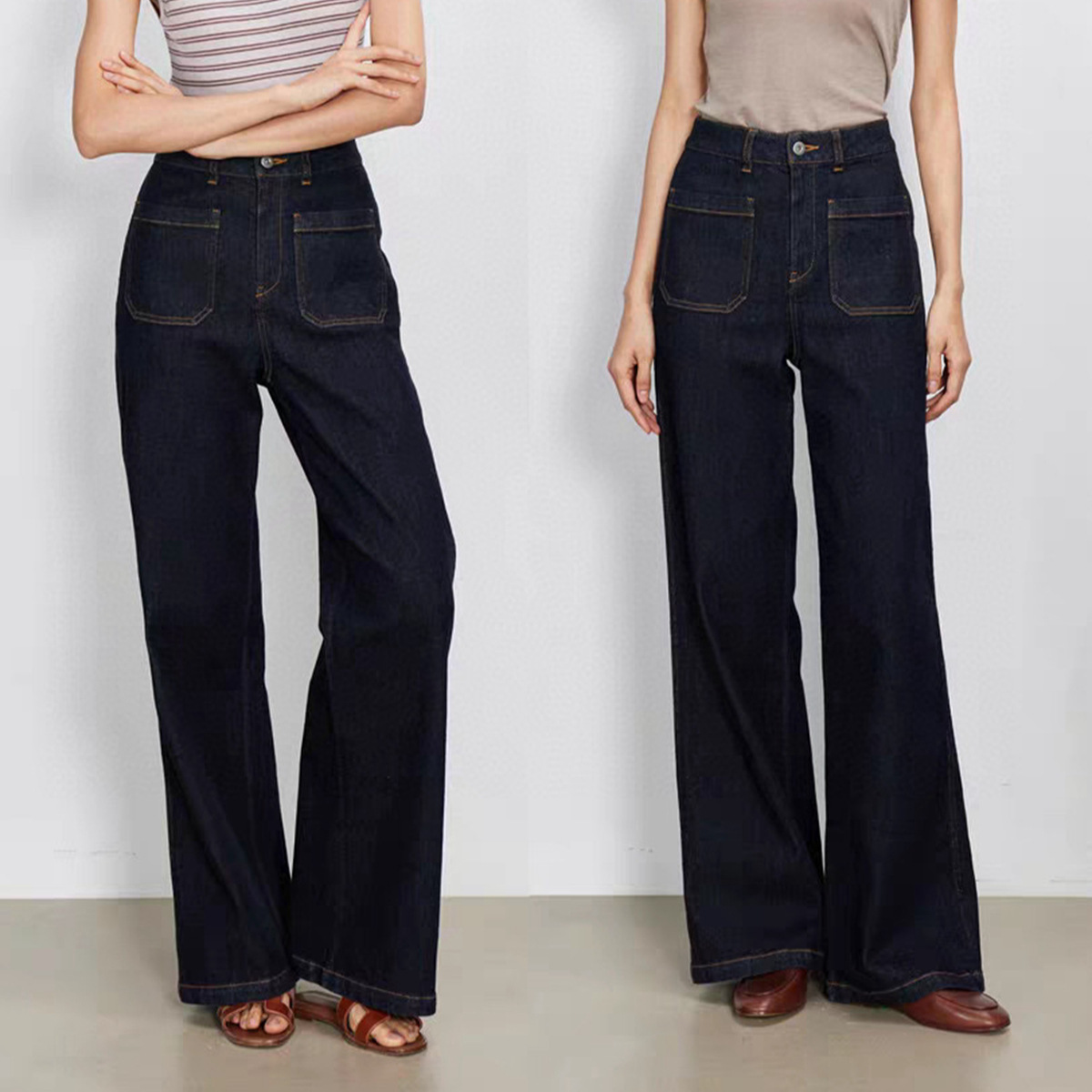 กางเกงยีนส์สีน้ำเงินเอวสูง ขาก - Wide Leg Trouser 70S บทวิจารณ์และราคา